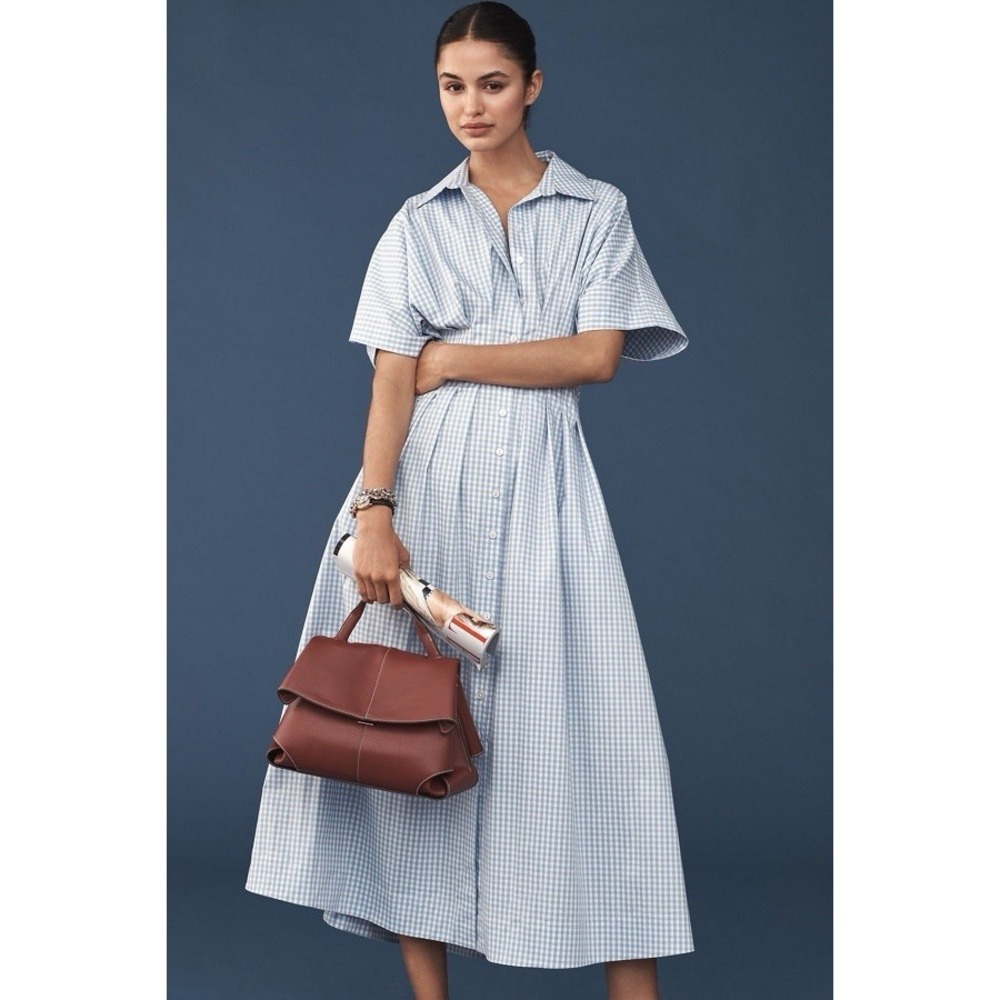 Exquise Tobie Dolores Pleated Gingham Shirt Dress Womens S Blue White Midi